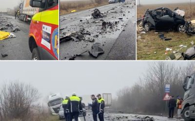 Șapte morți într-un accident auto pe DN6, în Timiș. Microbuzul implicat transporta cetățeni greci spre Franța. Momentul impactului