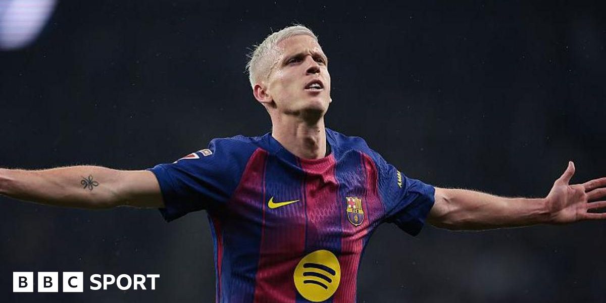 Dani Olmo celebrates scoring for Barcelona