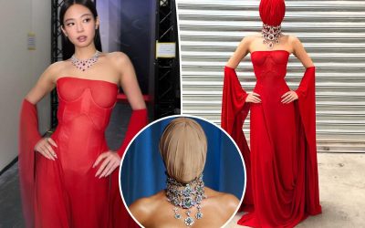Jennie of Blackpink wears red version of Kim Kardashian's masked Margiela gown
