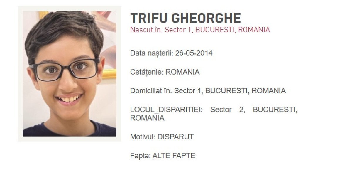 Alertă pentru un copil dispărut în București: Intervenția rapidă a autorităților dă rezultate Poliția Capitalei a emis un mesaj RO-Alert sâmbătă seara în căutarea unui băiat de 11 ani, dispărut în Sectorul 2 din București