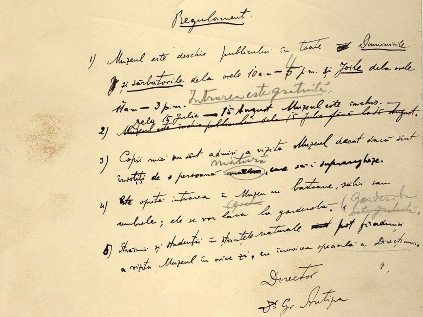 Regulile Muzeului "Antipa" din 1908 permitau elevilor și studenților la științe ale naturii acces zilnic cu învoirea conducerii