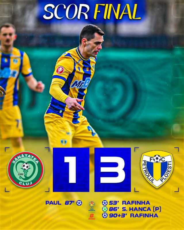 Victorie concludentă pentru Petrolul Ploiești în Cupa României Petrolul Ploiești a obținut o victorie clară în fața echipei Sănătatea Cluj, în cadrul grupei B a Cupei României, terminând meciul cu un scor de 3-1