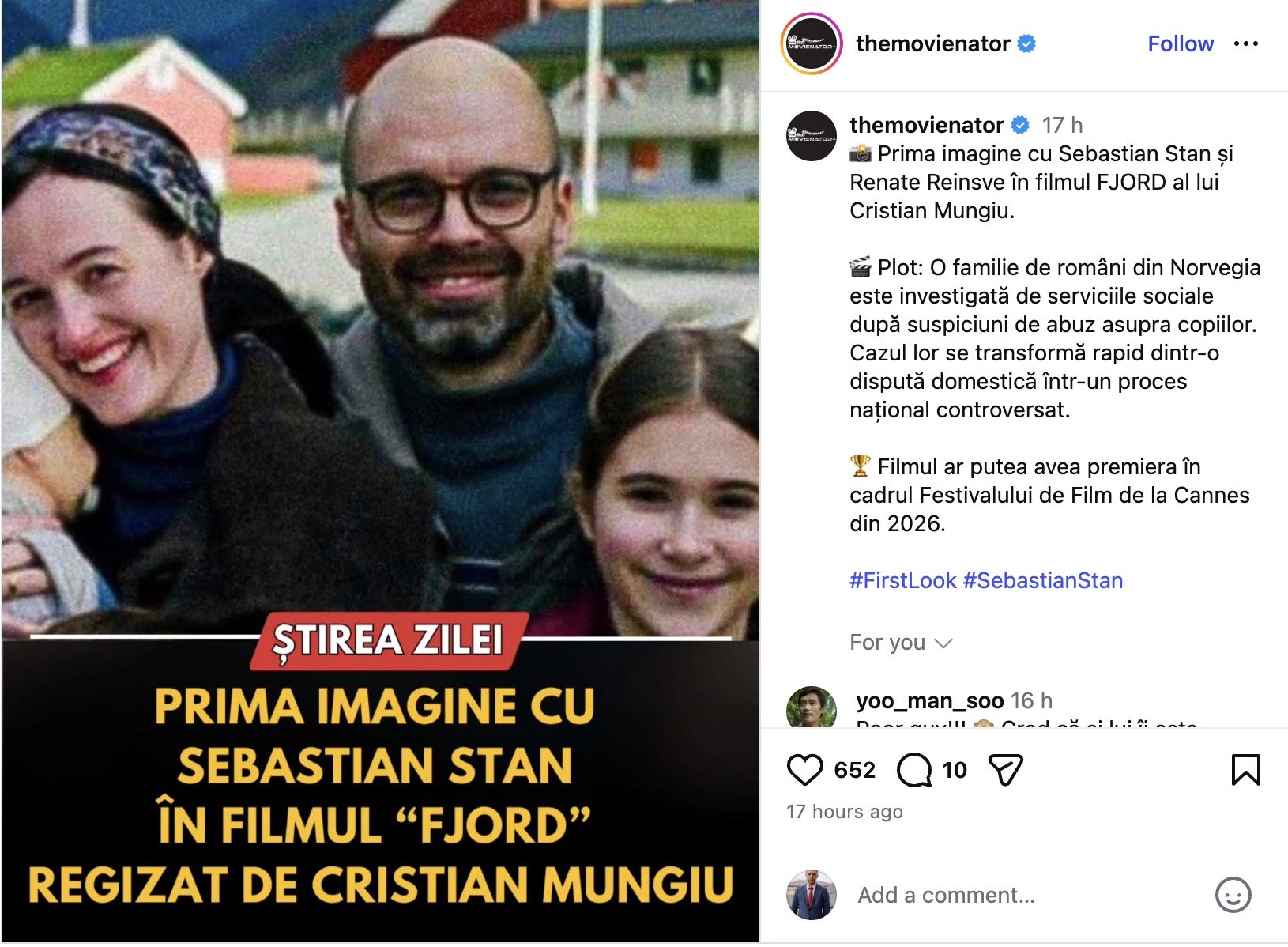 Sebastian Stan apare în noul film al lui Cristian Mungiu, „Fjord”