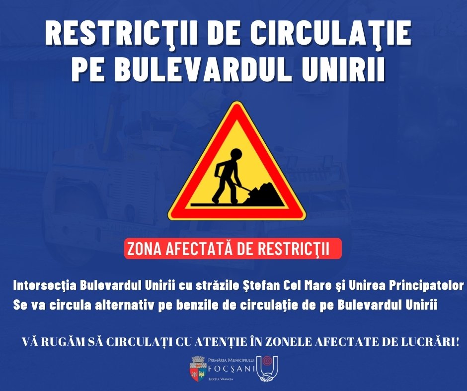 Restricții de circulație pe Bulevardul Unirii din Focșani, din cauza lucrărilor la bolarzi Astăzi, 2 februarie 2026, Primăria Municipiului Focșani a anunțat demararea lucrărilor de înlocuire a bolarzilor la intersecțiile Bulevardului Unirii cu strada Ștefan cel Mare și cu strada Unirea Principatelor