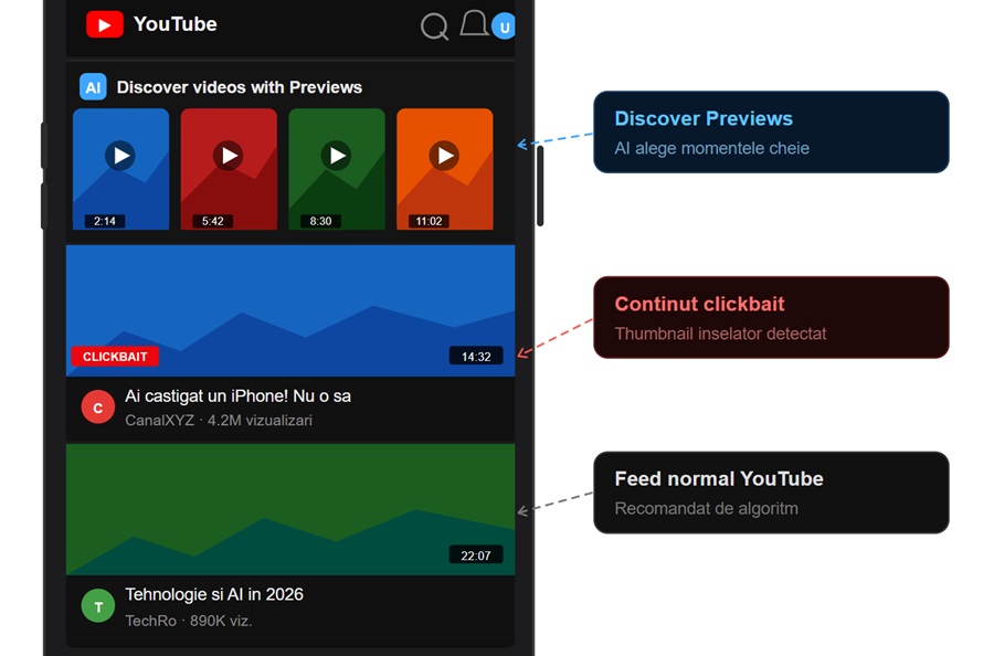 YouTube testează o nouă funcție bazată pe inteligență artificială menită să reducă înșelătoria în titlurile și imaginile de copertă ale videoclipurilor, o problemă tot mai criticată de utilizatori și specialiști