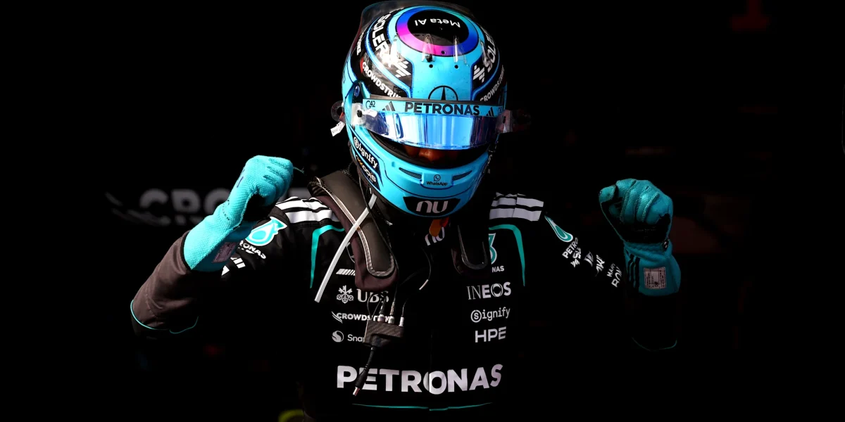 MELBOURNE, AUSTRALIA - MARCH 07: Pole position qualifier George Russell of Great Britain and