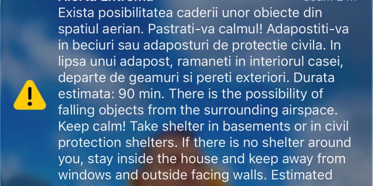 Alertă în regiunea nordică a județului Tulcea: obiecte din spațiul aerian ar putea cădea asupra locuitorilor O situație deosebit de gravă a fost anunțată duminică seara autoritățile din județul Tulcea, după ce Inspectoratul pentru Situații de Urgență (IGSU) a emis un mesaj RO-Alert alertând populația din zona de nord a județului asupra riscului de cădere a obiectelor din spațiul aerian