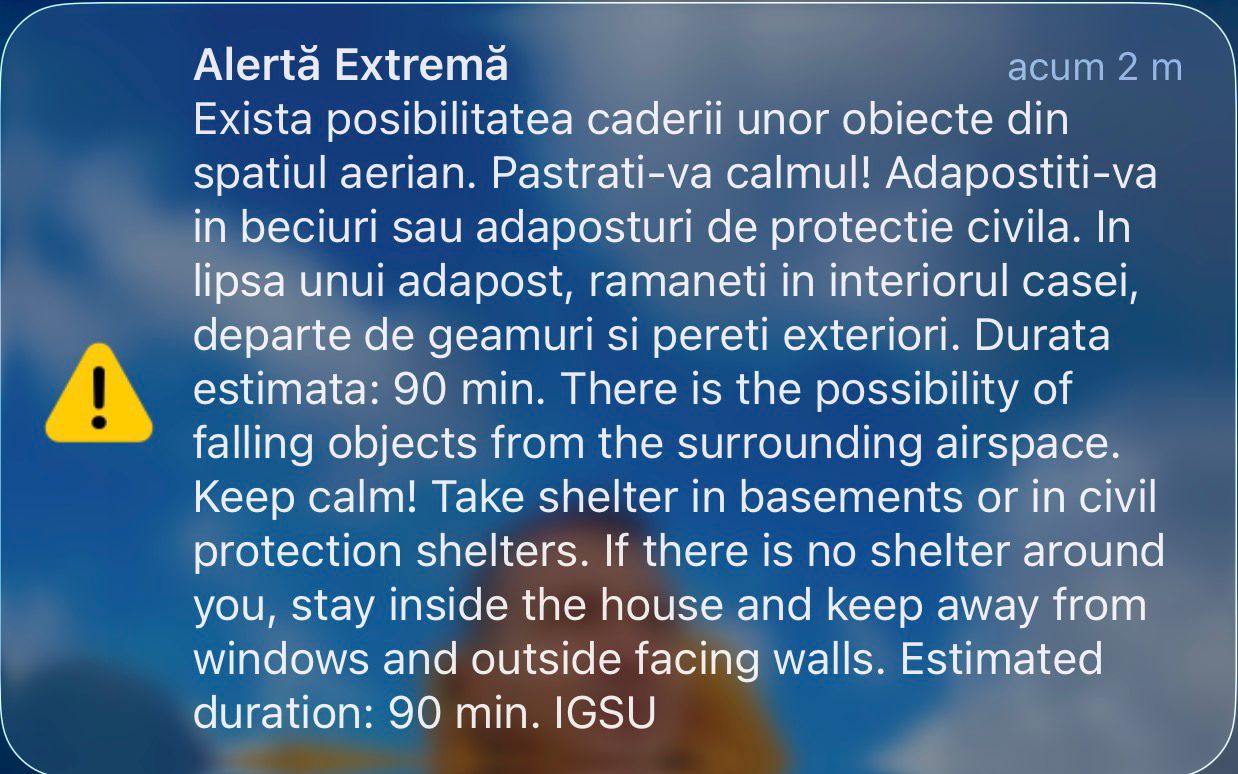 Alertă în regiunea nordică a județului Tulcea: obiecte din spațiul aerian ar putea cădea asupra locuitorilor O situație deosebit de gravă a fost anunțată duminică seara autoritățile din județul Tulcea, după ce Inspectoratul pentru Situații de Urgență (IGSU) a emis un mesaj RO-Alert alertând populația din zona de nord a județului asupra riscului de cădere a obiectelor din spațiul aerian