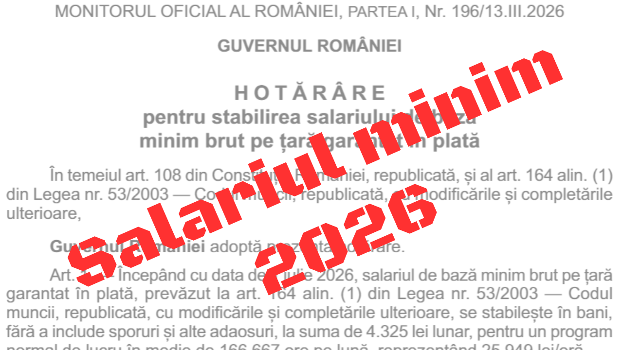 Salariul minim pentru 2026, aprobat în Monitorul Oficial prin HG 146