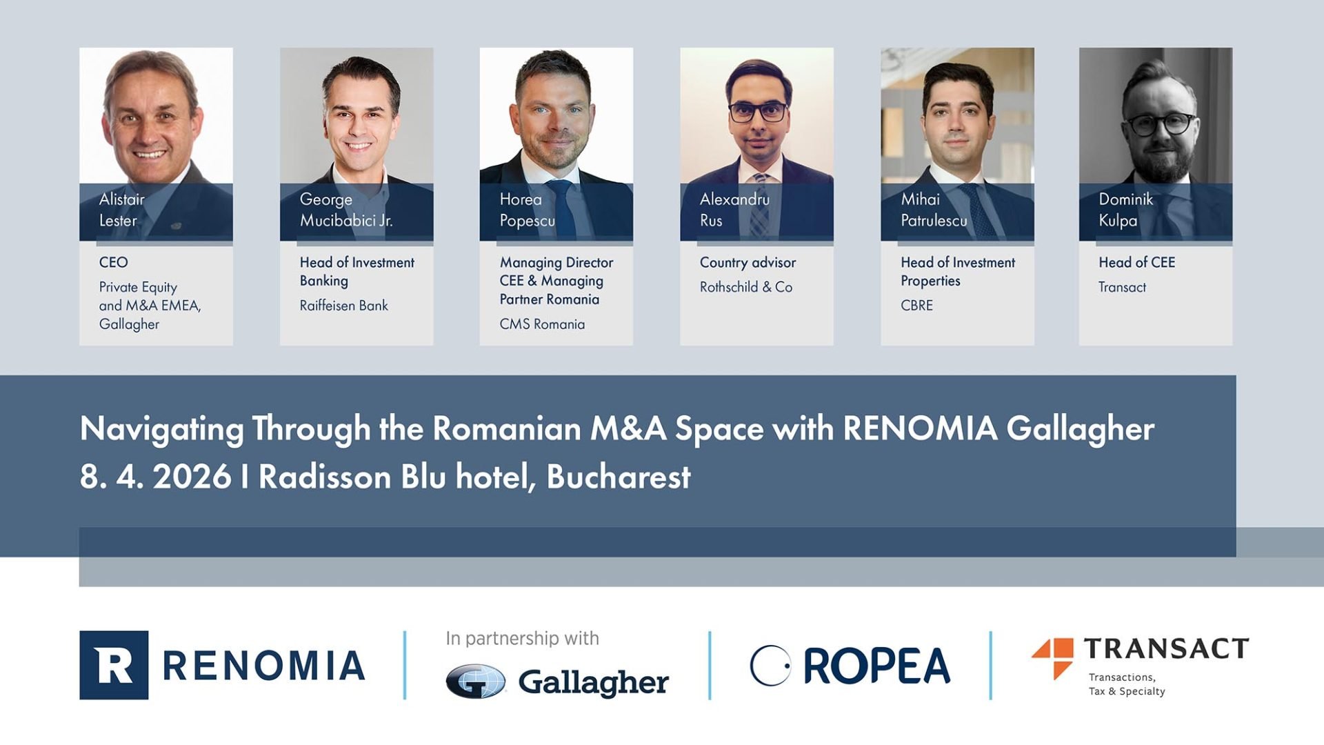 Eveniment international dedicat pieței de M&A în România Renomia Gallagher, sprijinită de BusinessMark, va organiza pe 8 aprilie 2026 un eveniment special dedicat pieței de fuziuni și achiziții din România