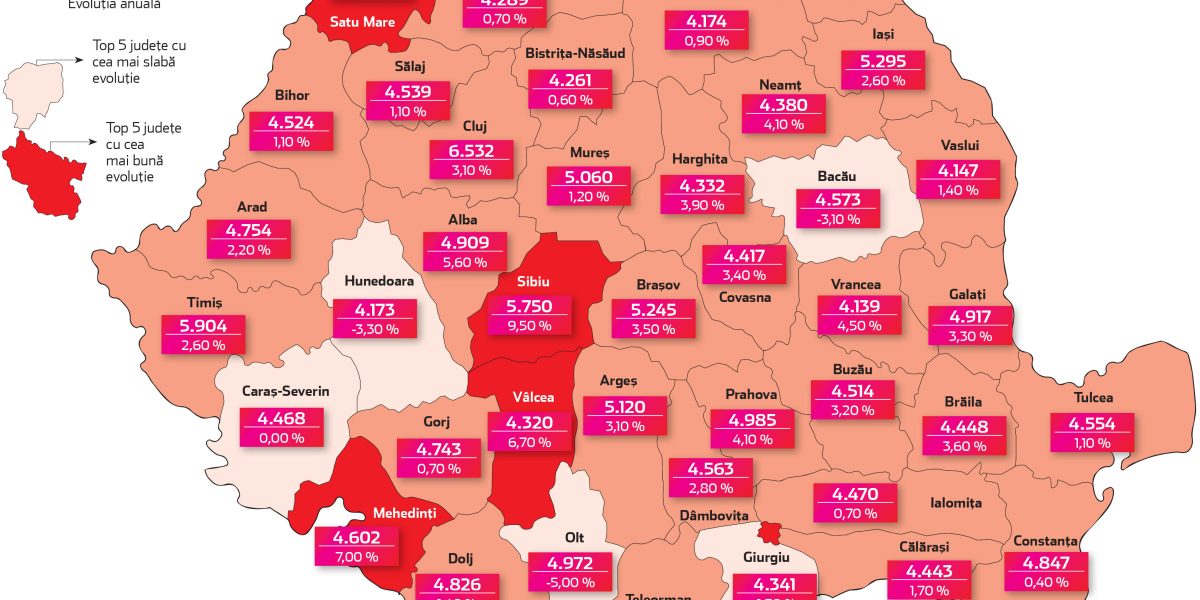 Patru județe din România se confruntă cu scăderi salariale în ianuarie 2026, comparativ cu aceeași perioadă a anului precedent