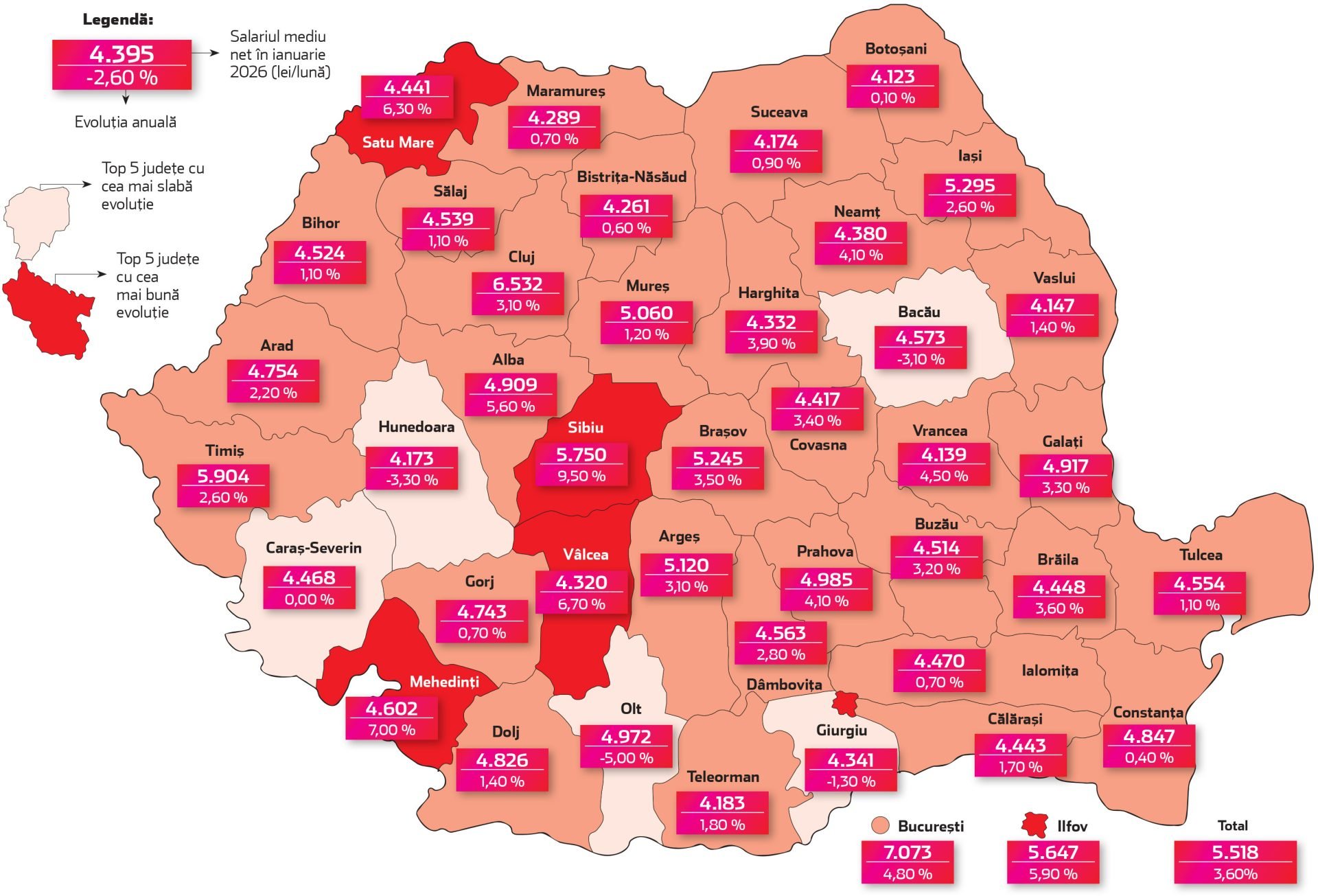 Harta salariilor în România: Scăderi în Giurgiu, Bacău, Hunedoara și Olt
