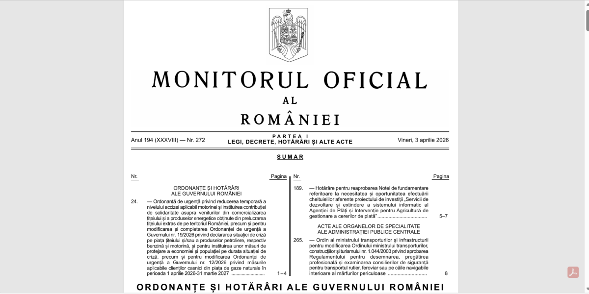 OUG 24/2026 în Monitorul Oficial: reducere a accizei la motorină din 7 aprilie și taxa de solidaritate pentru companiile petroliere
