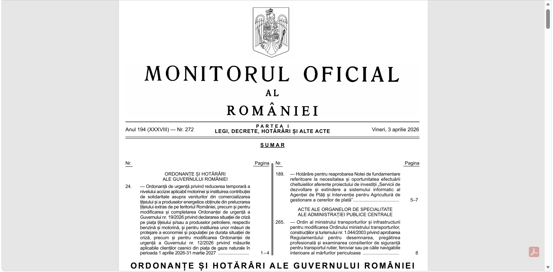 OUG 24/2026 în Monitorul Oficial: reducere a accizei la motorină din 7 aprilie și taxa de solidaritate pentru companiile petroliere