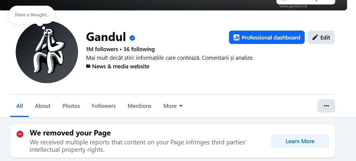Pagina de Facebook a ziarului Gândul a fost închisă de Meta, fără o explicație clară, pe 22 februarie 2026, conform informațiilor apărute recent