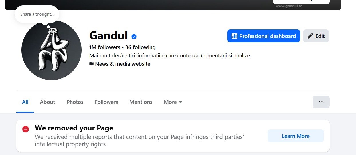 Pagina de Facebook a ziarului Gândul a fost închisă de Meta, fără o explicație clară, pe 22 februarie 2026, conform informațiilor apărute recent
