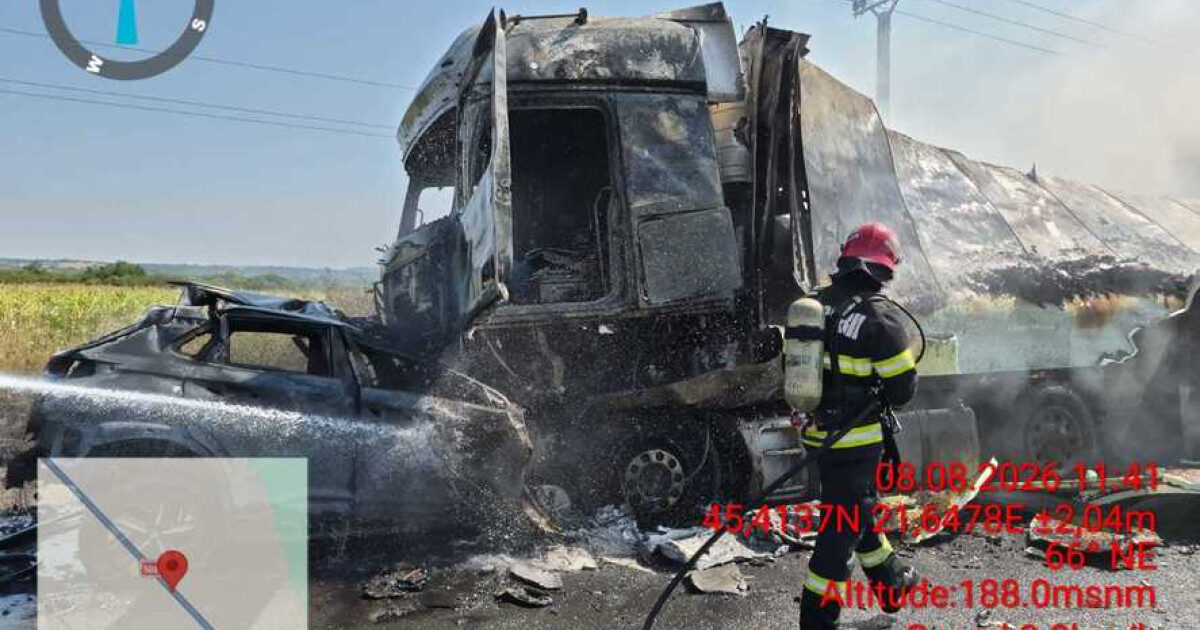 Tragedie pe șosea: Mașină și TIR, flăcări și un mort