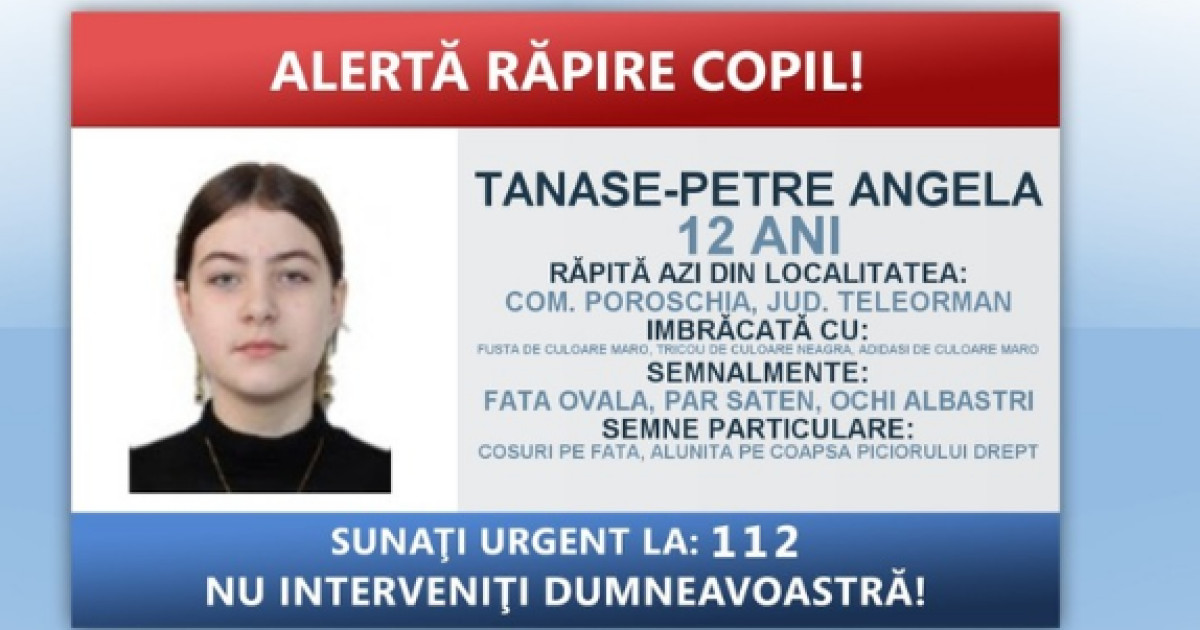 Alertă Teleorman: Fată de 12 ani răpită, suspect identificat